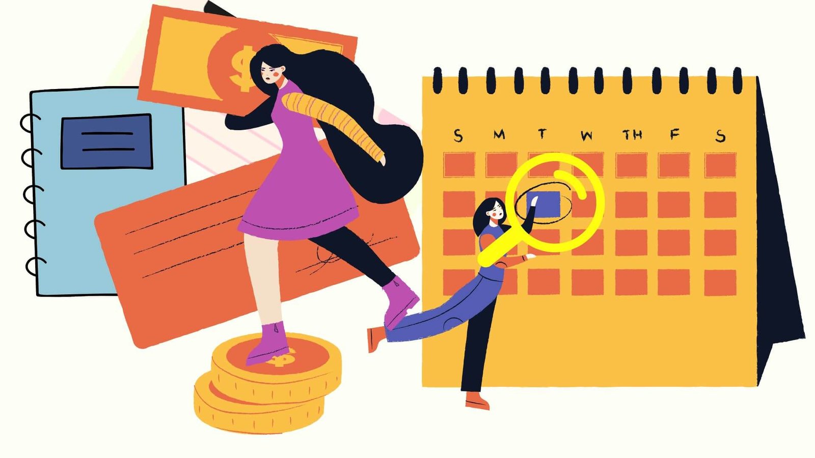 A woman holding a coin next to a giant calendar, suggesting anticipation or waiting for a stimulus payout