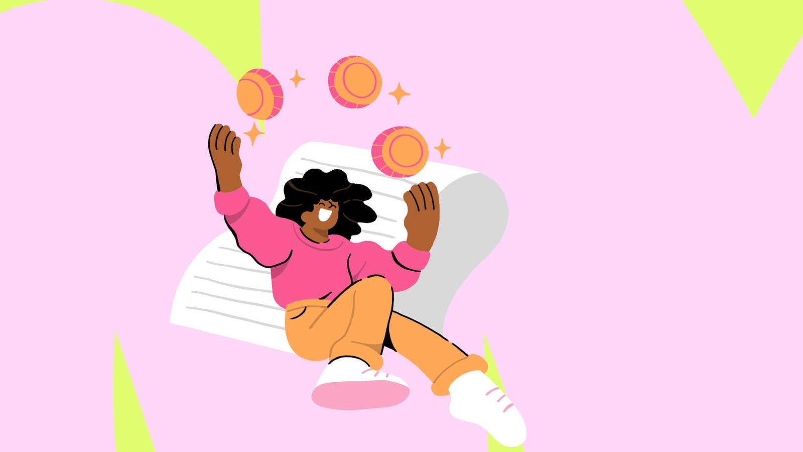 A confident individual holding a megaphone and papers, surrounded by sparkles and spotlight-style design